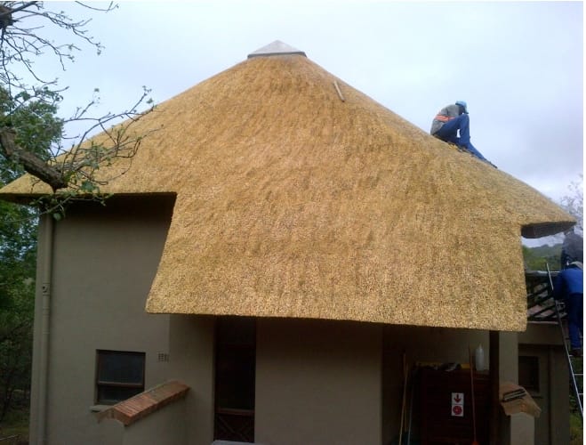 A large pyramid-style thatched roof nearing completion.