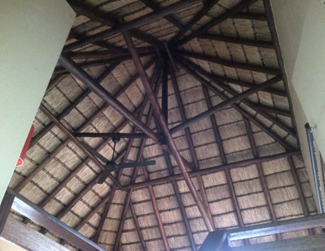 The underside timber frame and thatch layering, viewed from inside.